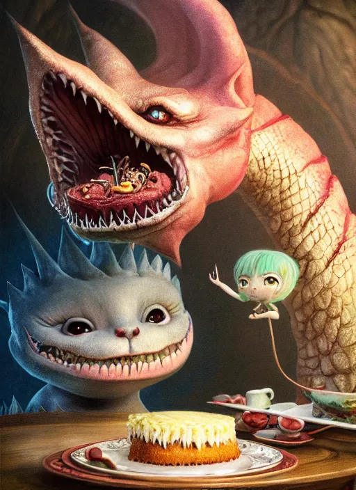 Image similar to highly detailed closeup portrait of a fairytale dragon eating cakes, unreal engine, nicoletta ceccoli, mark ryden, earl norem, lostfish, hyung tae, frank frazetta, global illumination, detailed and intricate environment