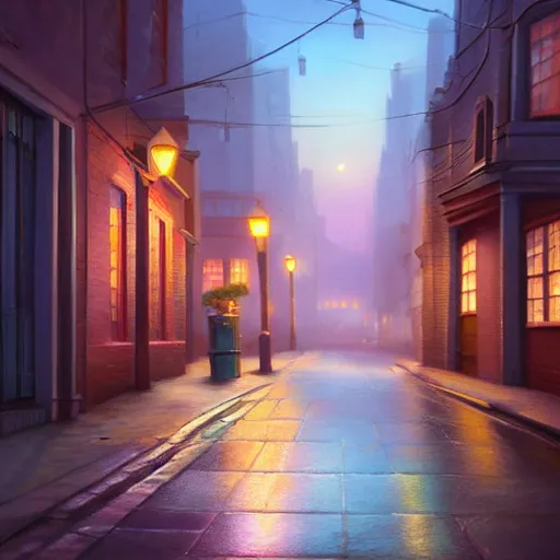 Prompt: a painting of a city street at night, a screenshot by evgeny lushpin, featured on cgsociety, photorealism, rendered in unreal engine, matte painting, rendered in maya