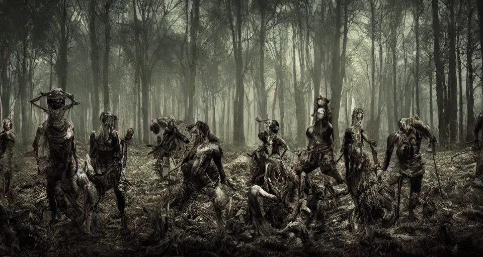 Image similar to an epic action photorealistic masterpiece of a group of werelions, in a forest made of nightmares, horrific digital art, extremely moody lighting, style of chippy