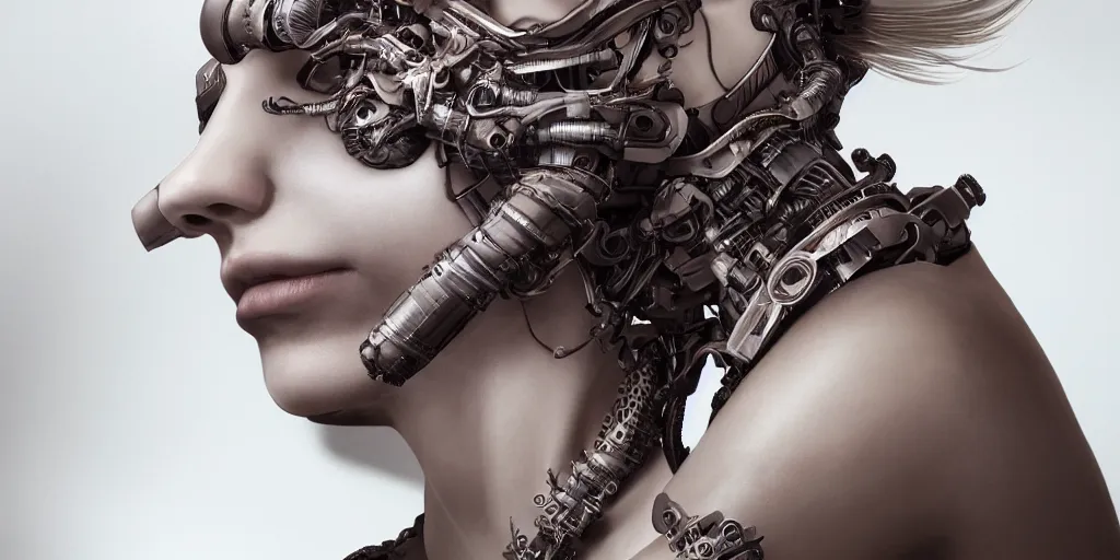 Image similar to hyper realistic photography of a stunningly beautiful cyborg female, elbow, intimate, holding close, in the style of beth cavener, jin kagetsu, wlop, rankin, highly detailed, intricate filigree, symmetry, masterpiece,, concept art, highkey lighting, ambient lighting, octane render, 8 k, artstation