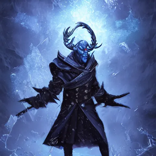 Image similar to a blue tiefling man wearing dark cloths frozen in ice and being shattering into a million pieces, action, cracked, destroyed, shattering, breaking, by Tony Sart, detailed, realistic, masterpiece, symmetrical