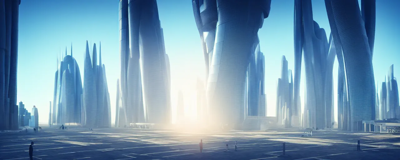 Prompt: conceptual architectural renderings of futuristic city buildings, sharp focus, vibrant volumetric natural light, cinematic composition, cinematic light, anamorphic lens, 4 k