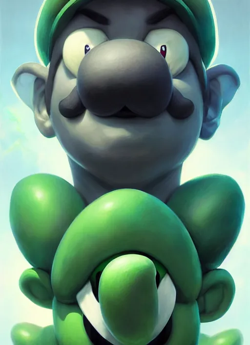 Image similar to hyper realistic, portrait of a mega derpy luigi by greg rutkowski, scott m fischer, artgerm, loish, slight glow, atmospheric, anne stokes, alexandros pyromallis