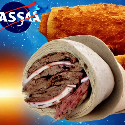 Image similar to Döner kebab floating in space, stars, nasa image, space telescope