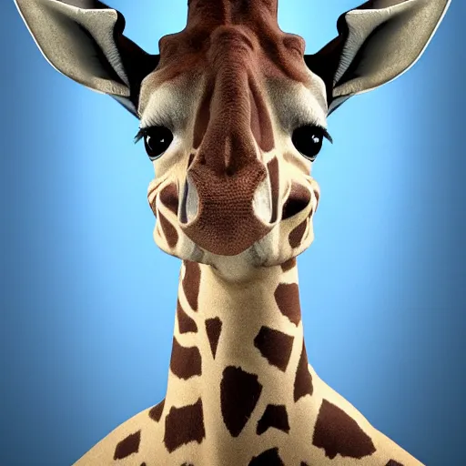 Image similar to a highly detailed portrait of a humanoid giraffe in a blue cloak, close - up, adventurer, artstation, deviantart, professional, unreal engine 5, octane render,