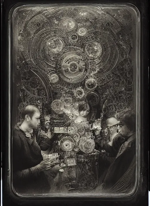 Image similar to old wetplate daguerreotype birth of artificial intelligence, fractal, intricate, elegant, highly detailed, parallax, leica, medium format, subsurface scattering, by jheronimus bosch and greg rutkowski and louis jacques mande daguerre