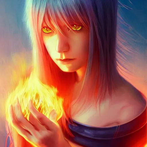 Prompt: rimuru tempest from tensura holding fire in his palm, with amber eyes of golden colored eyes, straight hair, sky blue hair, long bangs, high collar, concept art, award winning photography, digital painting, cinematic, wlop, 8 k, by ross tran, tom bagshaw, andy warhol