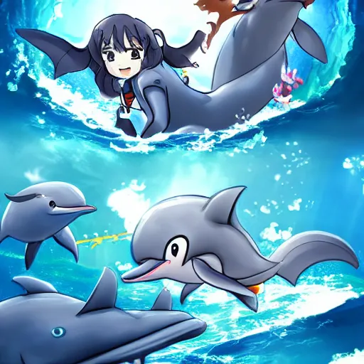 Prompt: dolphins and stingrays in isekai style