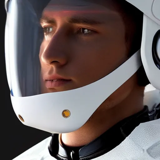 Image similar to futuristic space suit head and shoulders view white suit gold visor 2035 intimidating