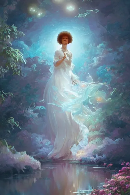 Image similar to bob ross, dreamy and ethereal,, fantasy, intricate, elegant, rainbow bubbles, highly detailed, digital painting, artstation, concept art, smooth, sharp focus, illustration, art by artgerm and greg rutkowski and alphonse mucha