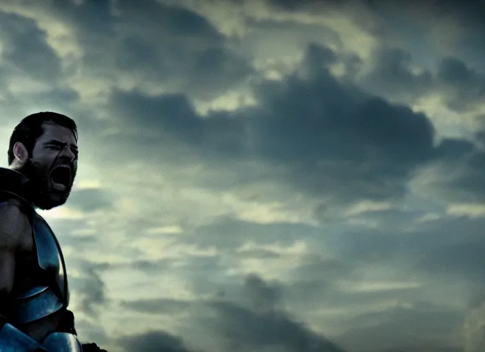 Image similar to cinematic film still of joe biden as leonidas shouting in 3 0 0 movie, 8 k, epic moody sky, dramatic lighting