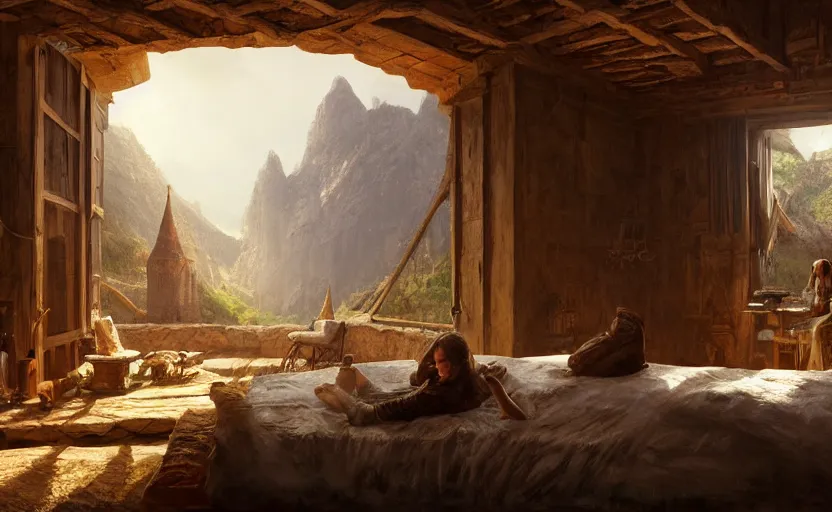 Image similar to painting of a series of living quarters overlooking communal area carved inside a mountain, cozy bed, well maintained, clean, medieval, fantasy genre, natural light, fantasy, natural light, concept art, by greg rutkowski and craig mullins, cozy atmospheric and cinematic lighting, trending on artstation