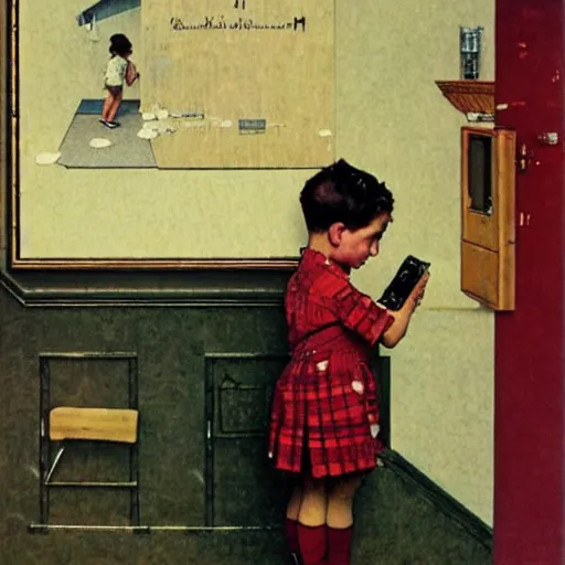 Prompt: A kid talking in a very tall telephone, art by Norman Rockwell