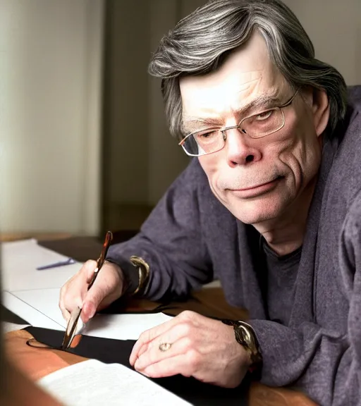 Prompt: hd pro studio photo portrait of stephen king writing book backlit dramatic next to dark tower cinematic technoir trending on Flickr artstation