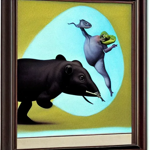 Prompt: tapir seeing a chameleon in the mirror by boris vallejo, highly detailed