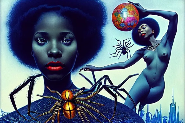 Image similar to realistic detailed photorealistic film portrait shot of a beautiful black woman with a giant spider, sci - fi city landscape background by amano, yves tanguy, alphonse mucha, ernst haeckel, max ernst, andrei tarkovsky, edward robert hughes, roger dean, necklace, dynamic pose, rich moody colours, wide angle, blue eyes