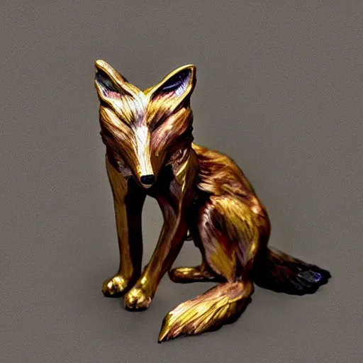 Image similar to !dream Emerald Fox sculpture with glowing purple eyes