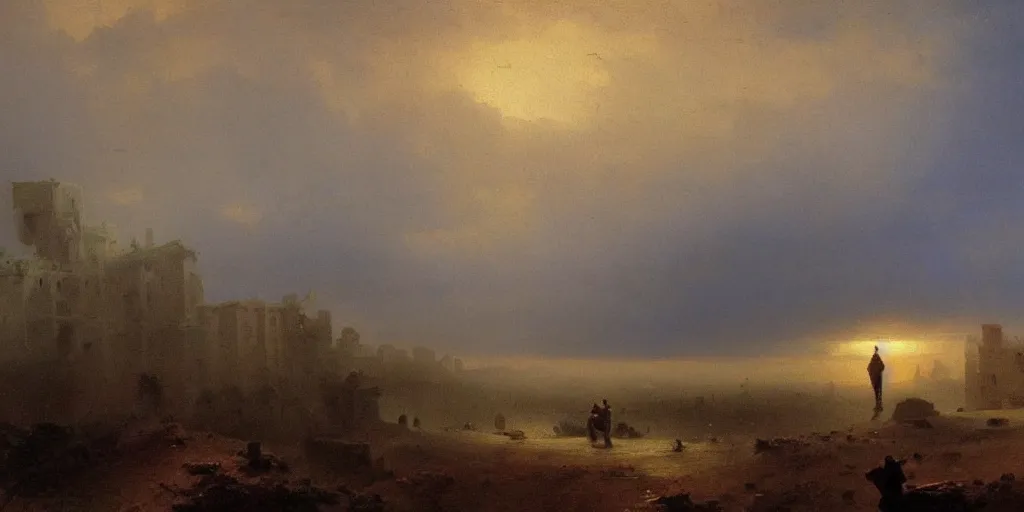 Prompt: The last man on Earth looks out across a ruined city at sunset, oil painting by Ivan Aivazovsky