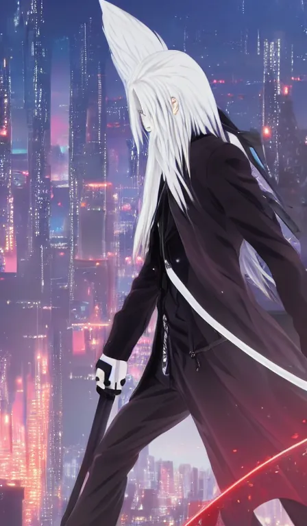 Image similar to anime fine details portrait of Sephiroth in front of cyberpunk moder city landscape on the background deep bokeh, close-up view, anime masterpiece by Studio Ghibli. 8k, sharp high quality anime, artstation