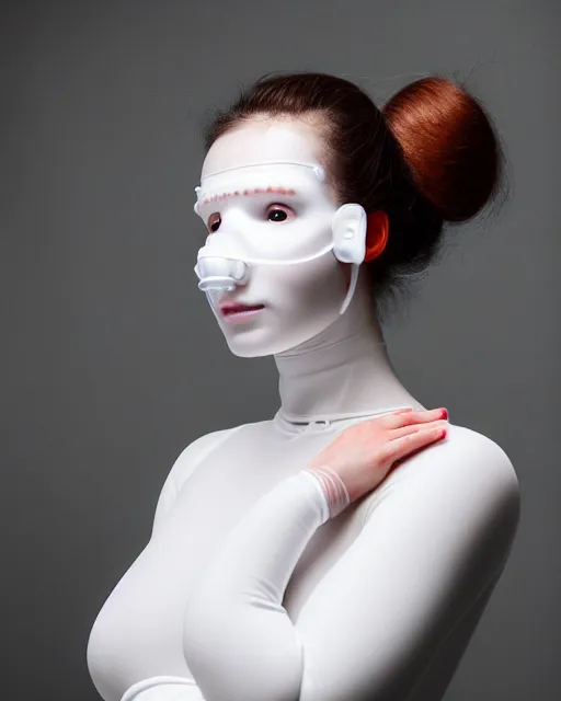 Prompt: portrait of a woman wearing a white translucent silicone mask and white red frizzy hair buns, wearing a silicone white bodysuit, white background, soft diffused light, biotechnology, kinetic sculpture, humanoide robot, translucent, intricate details, highly detailed, highly complex masterpiece