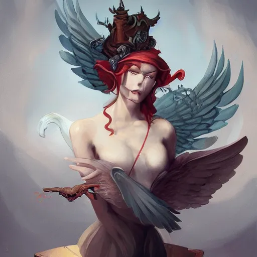 Prompt: a painting of a woman with wings on her head, a character portrait by Peter Mohrbacher, polycount contest winner, vanitas, grotesque, speedpainting, lovecraftian