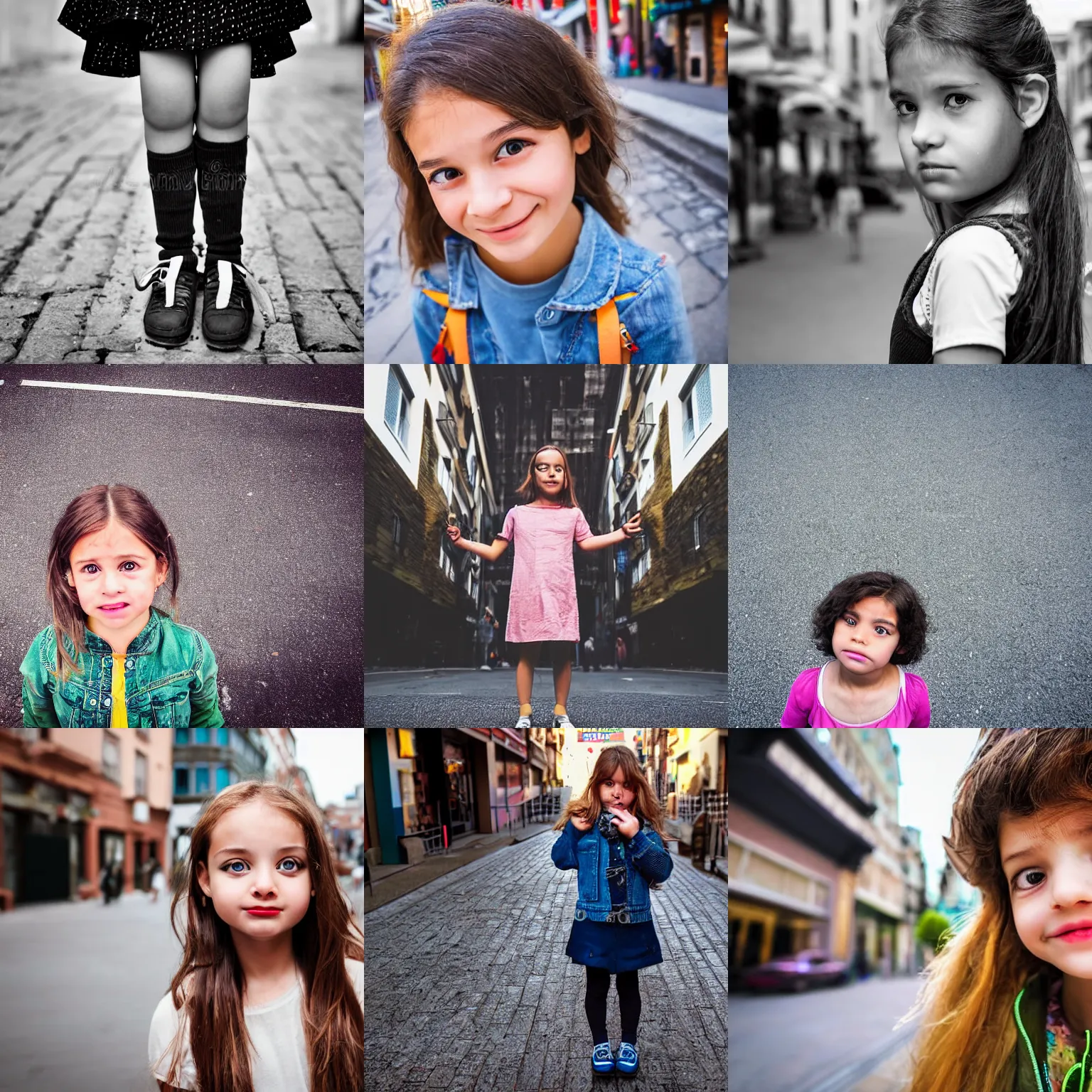 Prompt: worms eye view photoreal portrait of curious girl standing in city street looking at camera.