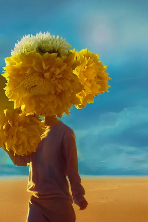 Image similar to closeup girl with huge yellow dahlia flower face, walking on beach, surreal photography, blue sky, sunrise, dramatic light, impressionist painting, digital painting, artstation, simon stalenhag