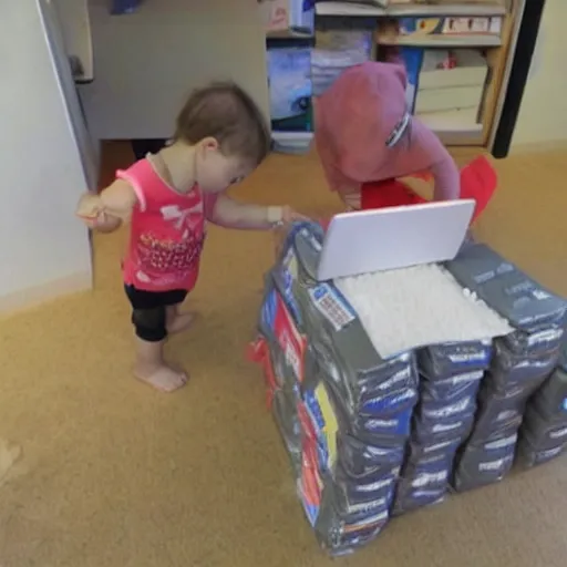 Prompt: Toddler buying 100kg of cocaine on Ipad. Kilos of cocaine in the background