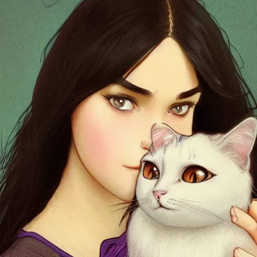 Image similar to emo girl and her cat, with long dark hair, thick eyebrows!!! deep dark big eyes and dark circles!, wide nose!!!, oval face shape, big cheeks!, violet from the incredibles by greg rutkowski and alphonse mucha, pexels contest winner, high quality photo, rtx, hd