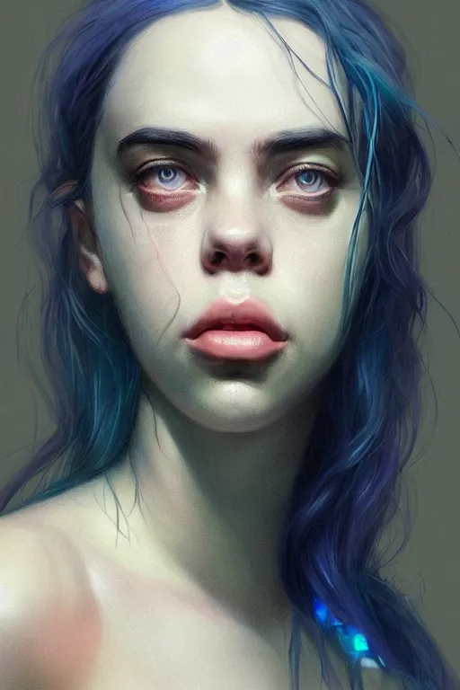 Image similar to portrait of billie eilish with a scaly skin and biotechnical parts and neon light by Artgerm and Greg Rutkowski , digital painting, highly detailed, trending on artstation