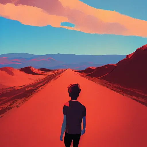 Prompt: red haired teen boy, desert in the background, vibrant colors, artstation, highly detailed, by alena aenami