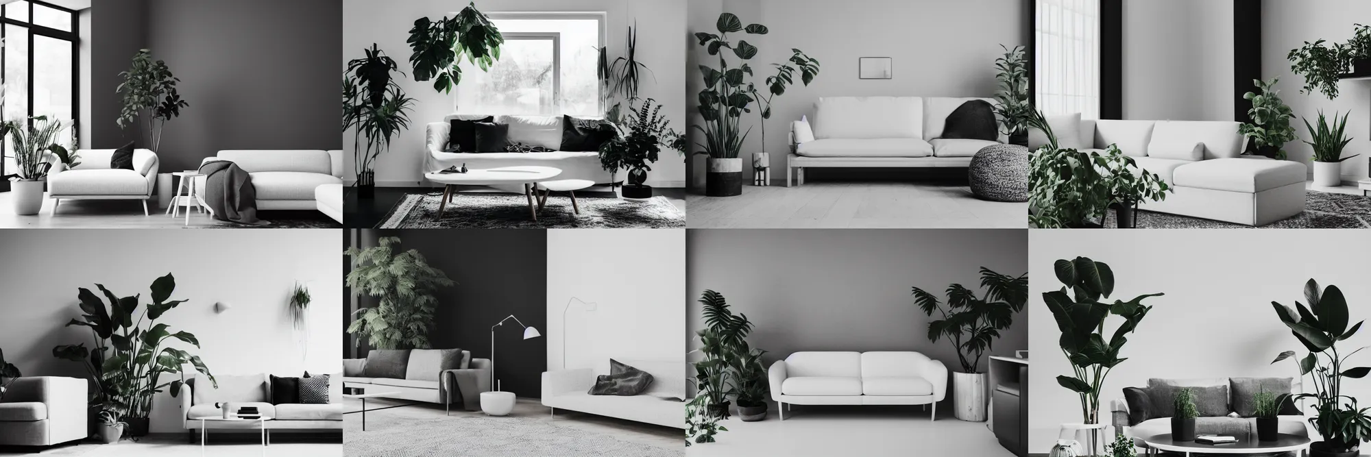 Prompt: a living room with a white couch and some plants, a 3 d render by johan lundbye, featured on unsplash, minimalism, minimalist, black and white, high contrast