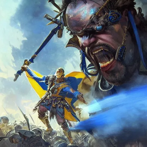 Prompt: Ukrainian warrior with Ukrainian blue and yellow flag successfully fights russian and soviet orcs, epic, intricate, highly detailed, digital painting, artstation, concept art, smooth, sharp focus, illustration, evil, horrifying, art by artgerm and greg rutkowski and alphonse mucha