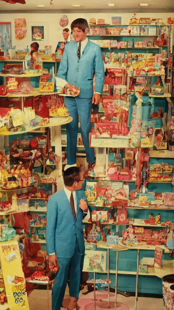 Image similar to 6 0 s photo of a business man in a candy shop on a remote island, kodachrome