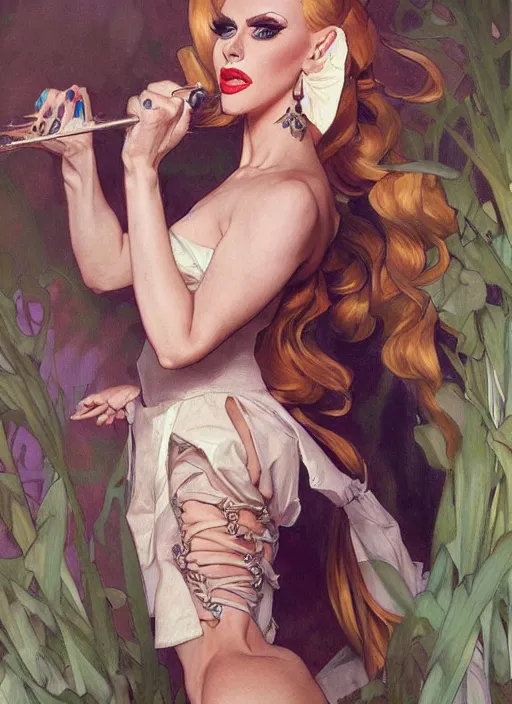 Image similar to katya, drag queen, painting by artgerm and greg rutkowski and alphonse mucha