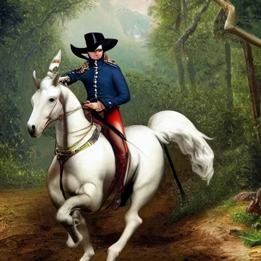 Image similar to ultra realistic Napoleon riding a horse in a jungle, dinosaurs, t-Rex, ultraHD