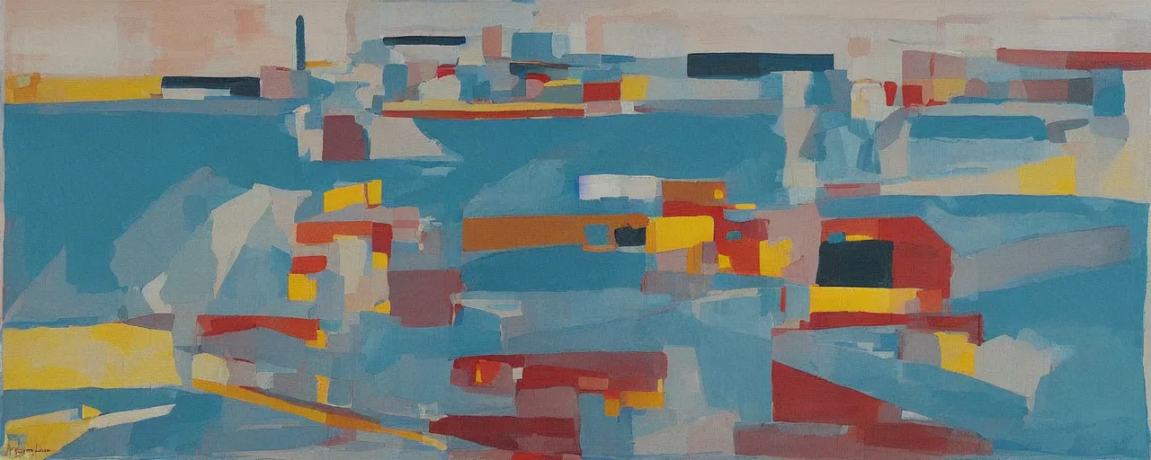 Prompt: a painting of the harbour at Stromness orkney, bauhaus, abstract, simple, bold