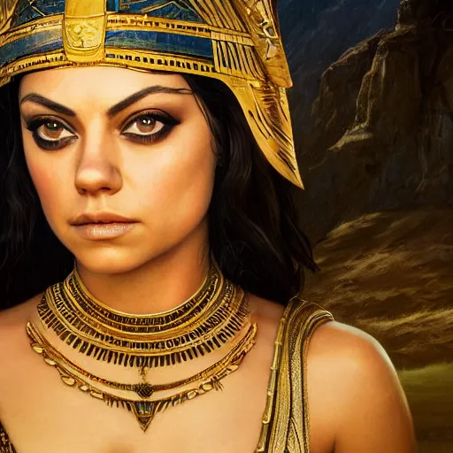 Image similar to closeup portrait of a mila kunis leigh as cleopatra, palace background, dramatic light, gorgeous view, depth, high detail, digital art, painted by greg rutkowski, trending on artstation