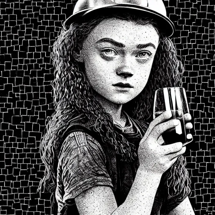 Prompt: extreme close - up on sadie sink as a miner : holds glass up to drink. background : black tiles on walls. black and white, pencil and ink. by gabriel hardman, joe alves, chris bonura. cinematic atmosphere, detailed and intricate, perfect anatomy