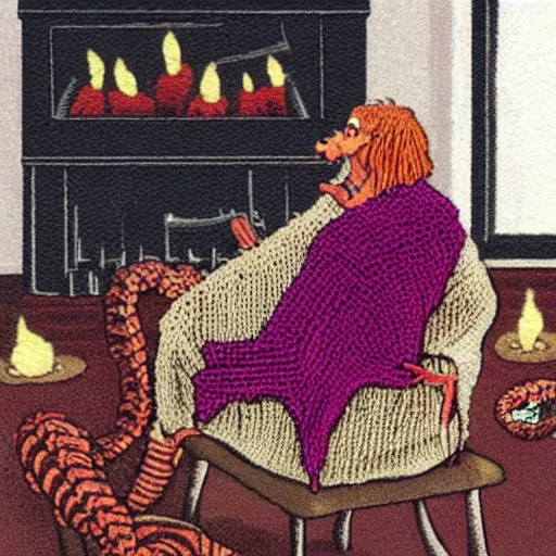 Image similar to terrifying old witch knits a sweater of worms in a rocking chair illuminated by the glow of the fireplace