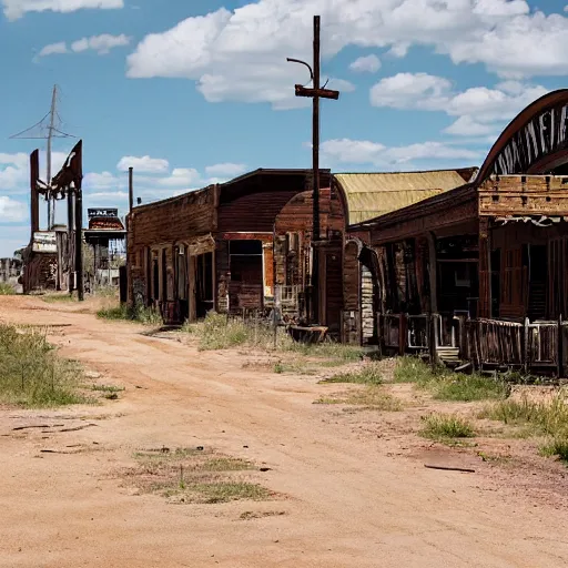 Image similar to Abandoned Wild West town at high noon, hyperrealistic