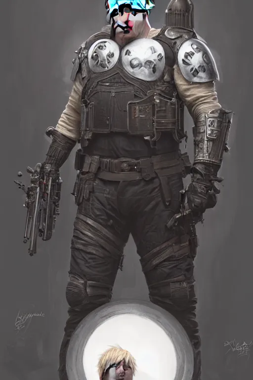 Image similar to Boris Johnson as Punisher, armor plate, realistic portrait, symmetrical, highly detailed, digital painting, artstation, concept art, smooth, sharp focus, illustration, cinematic lighting, art by artgerm and greg rutkowski and alphonse mucha