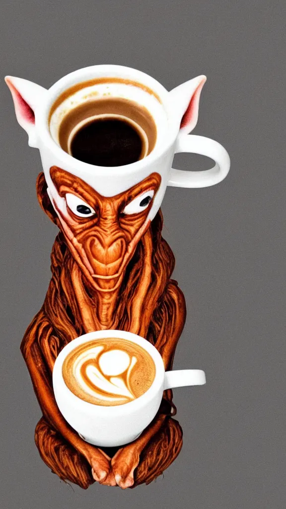 Image similar to a mug of coffee with a milk portrait of jar jar binks in it. style of latte foam art, with a focus on jar jar's floppy ears. color harmony, 8 k detail, gallery quality, hd wallpaper, premium prints available, hyper - detailed, intricate design.