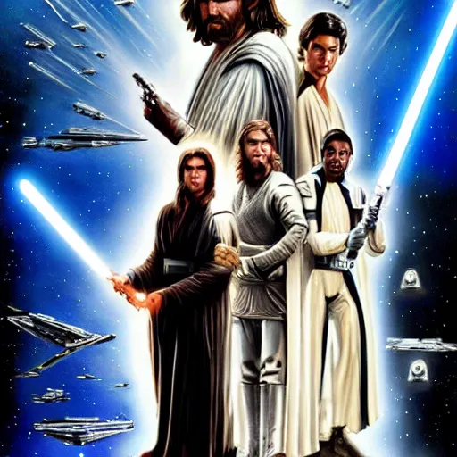 Image similar to super detailed star wars movie poster with Jesus Christ and kim kardashian, 8k full HD photo, cinematic lighting, anatomically correct, oscar award winning, action filled, correct eye placement,