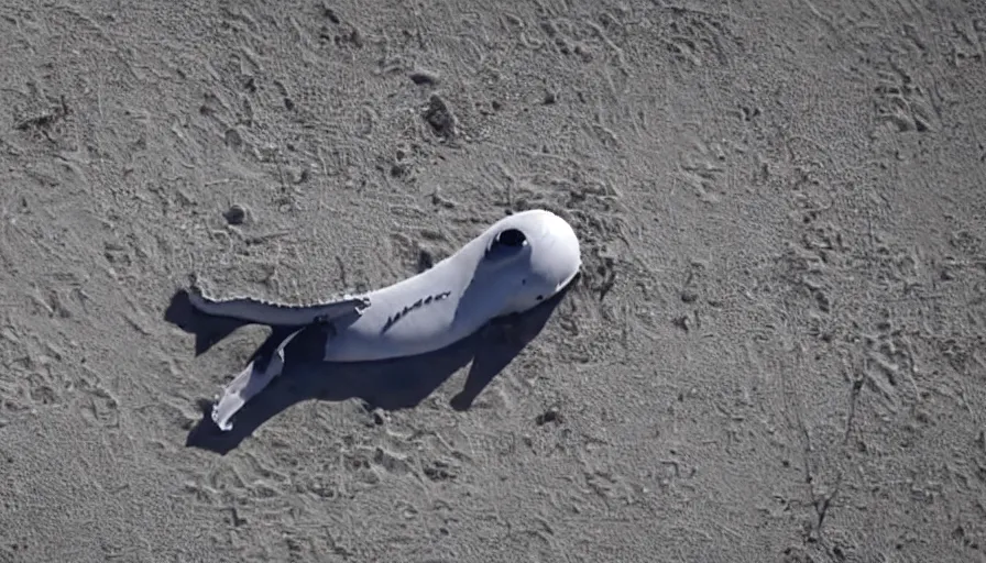 Image similar to astronaut suit in the shape of a whale, washed up on the beach. cnn news footage taken from above.