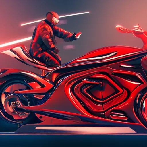 Image similar to isometric view of a man with a red jacket from behind. a red futuristic racing motorbike in front of the man. pencil drawing, panoramic view, wide angle, photo realistic, hyper realistic, dynamic lighting, cyberpunk, ultra detailed, sharp focus, digital illustration, concept art trending on artstation