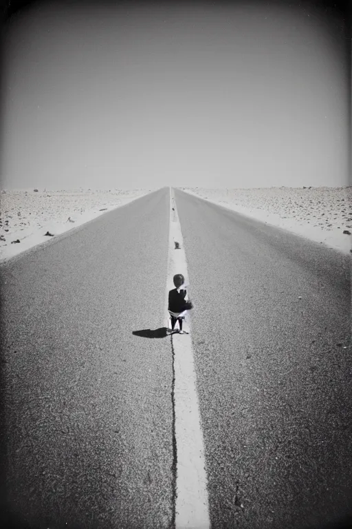 Image similar to photo polaroid of sad and lonely child in the middle of the street, sahara desert, loneliness, black and white ,photorealistic, 35mm film,