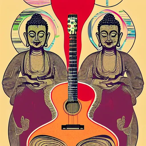 Image similar to buddha playin guitar with his band. symmetrical anatomy, very detailed design, complexity of the picture, with pop punk style, colorful, accompanied by body, pure image without duplication, trending dribble, drawn by vinicius gud and gustavo zambelli