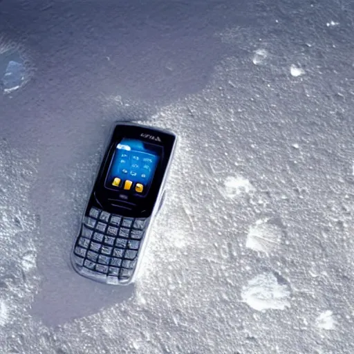 Image similar to a nokia phone, frozen in ice on the surface of the moon