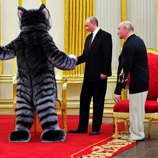 Image similar to Vladimir Putin swearing fealty to a council of furries